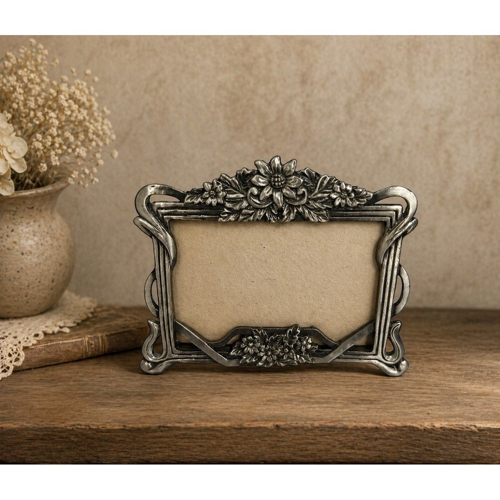 VTG Silver Mini Picture Frame Sunflower Motif Ornate Metal MCM Art Nouveau